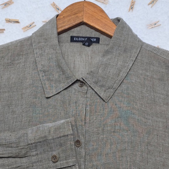 Eileen Fisher Womens Tunic Top Cotton Linen Blend Olive Green Button Down - Picture 5 of 16